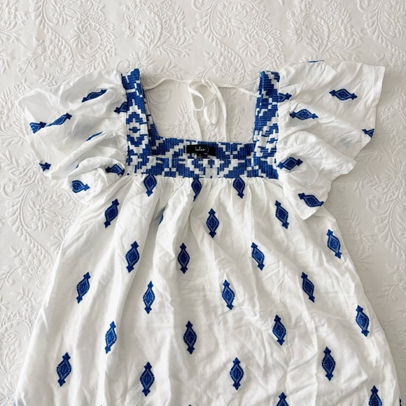 NWOT Lulus Mykonos Moment White and Blue Embroidered Linen Shift Mini Dress - Picture 3 of 5